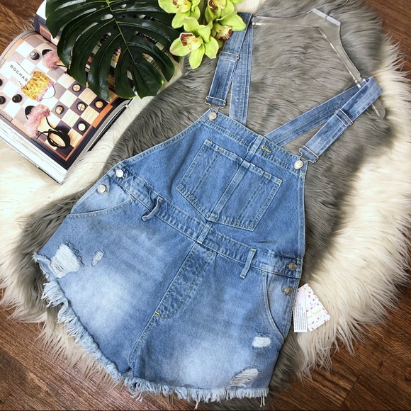 Free People June Shortalls Denim Cutoff Overalls - Picture 2 of 10